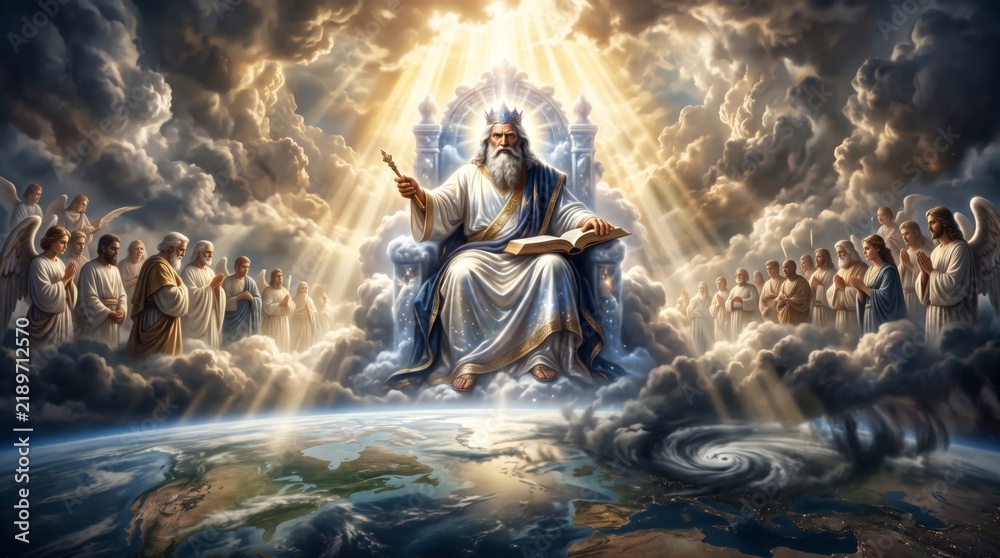 Fototapeta premium God the Father sitting on throne in heaven with crown, scepter and holy book. Angels and saints praying among clouds above planet earth with light rays.