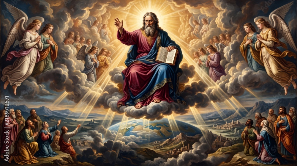 Fototapeta premium God the Father on throne surrounded by angels in heavenly clouds. Divine light shines over praying people and the earth below. Christian religion art for church and faith concept.