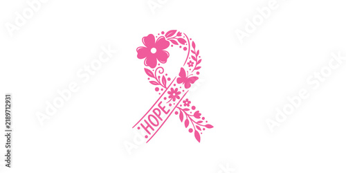 Pink breast cancer awareness ribbon with floral design and hope text