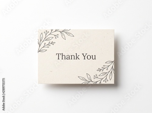 Minimalist elegant thank you card mockup with botanical leaf design on textured paper