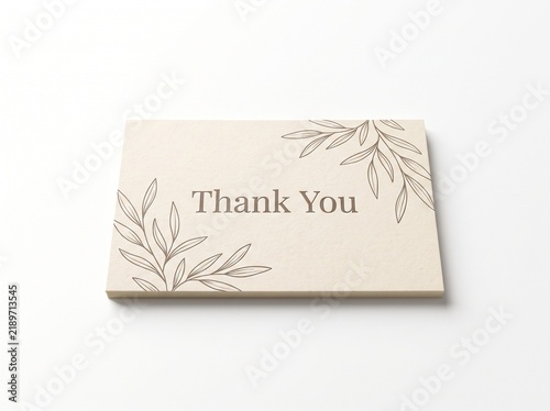 Elegant minimalist thank you card mockup on white background with floral leaf line art