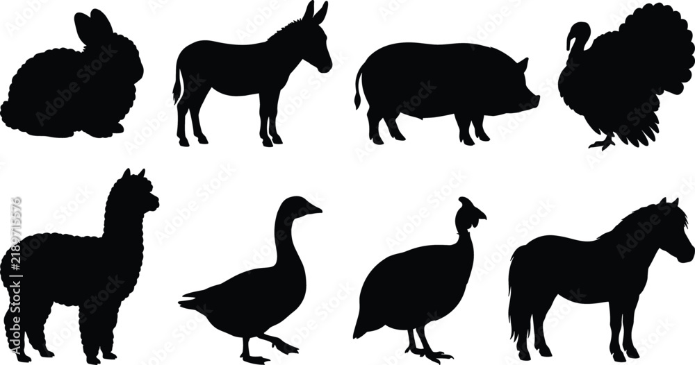 Fototapeta premium Set of farm animal silhouettes including horse, pig, donkey, rabbit, turkey, goose, and alpaca isolated on white background