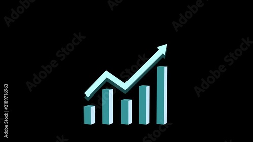 Blue 3D Stock Market Growth Bar Chart with Upward Trend Arrow showing Financial Success