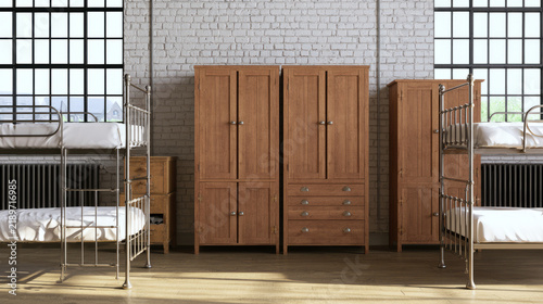 Old boarding school dormitory with iron bedsteads and wooden lockers, vintage interior