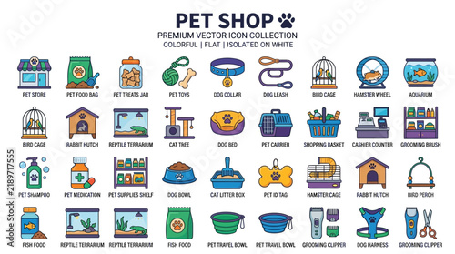 Comprehensive Pet Shop Vector Icon Set Featuring Essential Animal Care Supplies and Equipment for Veterinary and Grooming Needs