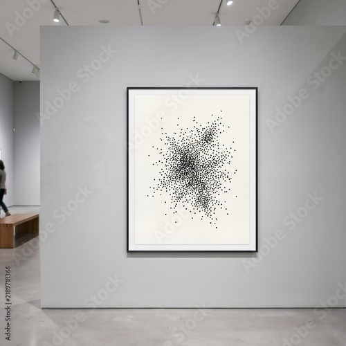 Minimalist black ink particle artwork displayed on a white gallery wall