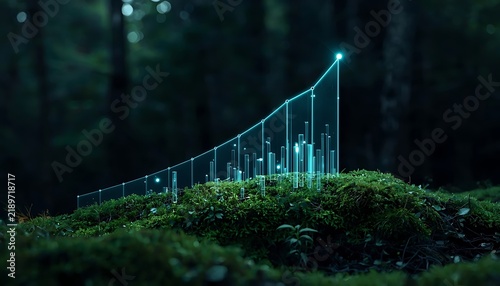 Luminous blue line graph on dark forest moss displays carbon gains.