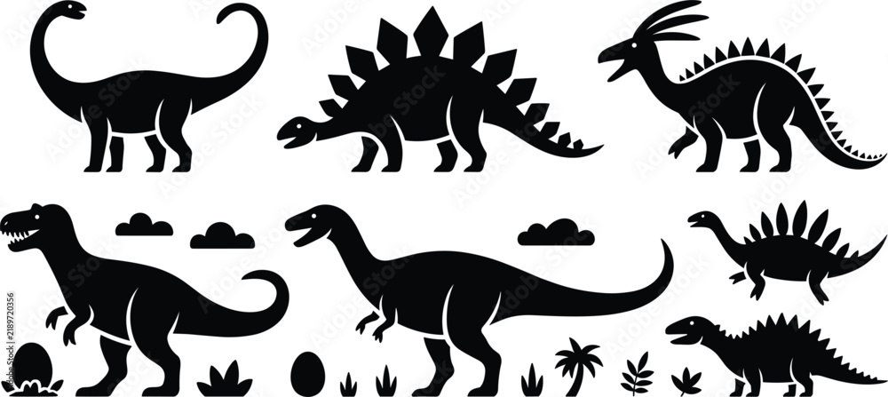 Obraz premium Set of black silhouettes of various dinosaur species including t-rex, stegosaurus, and brachiosaurus with eggs and plants, isolated on a white background