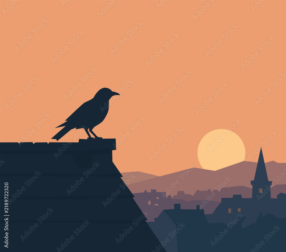 Obraz premium Crow Silhouette Perched on a Rooftop at Sunset Vector