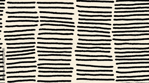 Seamless abstract pattern with uneven black horizontal brush lines on a warm cream background, hand drawn monochrome texture and modern surface design