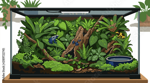 Картината върху платно A lush bioactive terrarium with vibrant plants, moss, driftwood, and colorful poison dart frogs, isolated on white