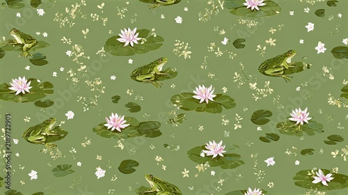 Seamless pond pattern with green frogs, lily pads and soft pink water lilies on an olive background, playful nature illustration and whimsical surface design