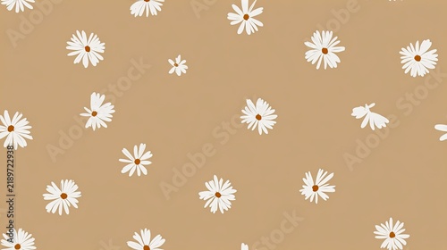Seamless floral pattern with simple white daisy flowers on a warm sand beige background, minimal botanical illustration and delicate surface design
