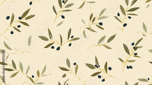 Seamless Mediterranean pattern with slender olive branches and muted green leaves on a warm cream background, minimal botanical surface design