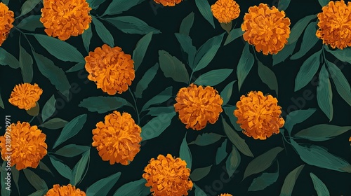 Seamless botanical pattern with large orange marigold blossoms and deep green foliage, bold floral background, garden illustration and decorative surface design
