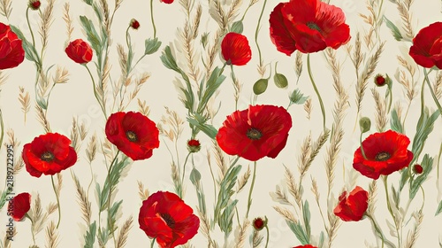 Seamless floral pattern with vivid red poppies, soft green stems and meadow plants on a cream background, romantic botanical and wildflower surface design