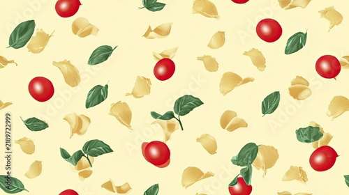 Seamless food pattern with red tomatoes, pasta pieces and green basil leaves on a pale cream background, Italian cuisine illustration and playful surface design