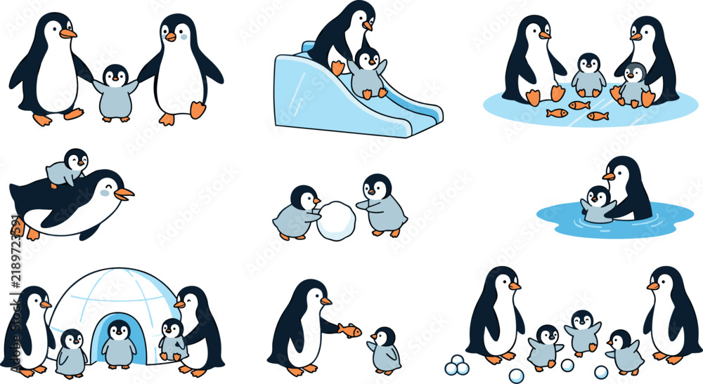 Obraz premium Cute Penguin Family and Baby Penguins Winter Activities Concept Vector Illustration Featuring Igloos, Ice Slides, and Snow