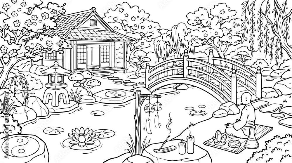 Fototapeta premium Stylized Japanese garden scene with a traditional house, arched bridge, meditating figure, and water features, line art illustration.