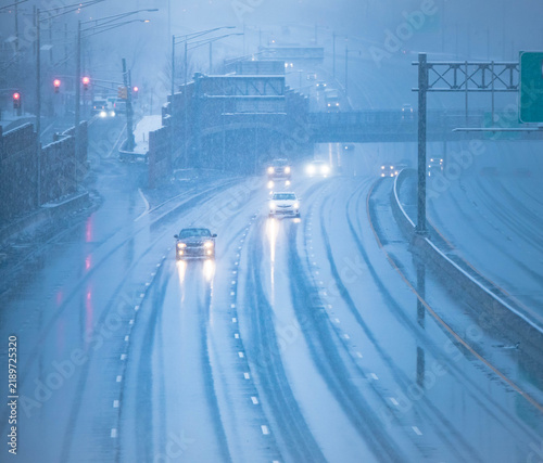 Winter travel snow bad weather copy space background image, city life , fresh snow, season authentic bad wether conditions
