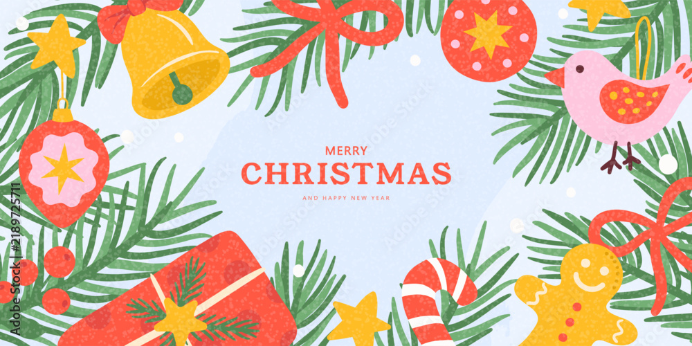 Obraz premium Festive winter background with pine branches, holiday ornaments and gingerbread in flat style with grainy texture. Perfect for greeting card or seasonal banner, vector illustration.