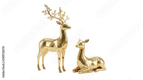 Two golden deer statues standing and lying down isolated on transparent background