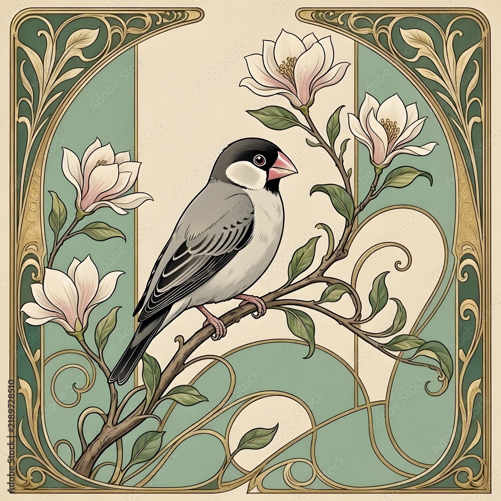 Fototapeta premium 아르누보 디자인 배경, 문조, jpeg (Art Nouveau Design Background, Java sparrow, jpeg)