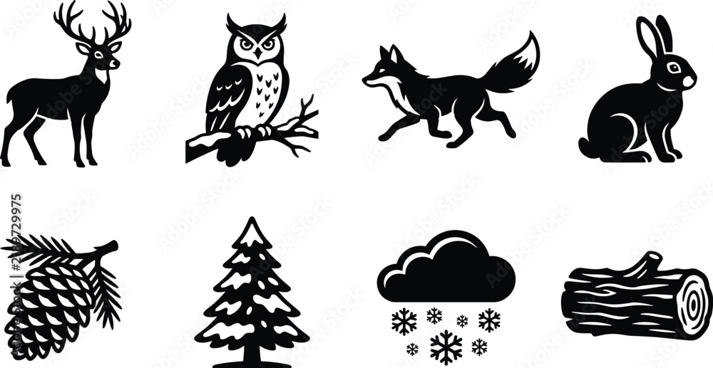 Fototapeta premium Winter Woodland Wildlife Silhouette Collection with Deer Owl Fox Rabbit Pinecone Evergreen Tree Snow and Log