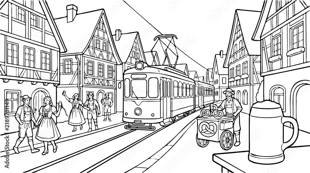 Fototapeta premium Traditional European street scene with a tram, people in folk costumes, and a pretzel vendor, line art illustration