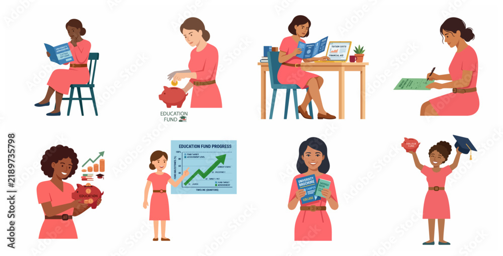 Fototapeta premium Set of Diverse Women Planning for Education Fund, Saving Money in Piggy Bank, and Researching College Tuition Fees