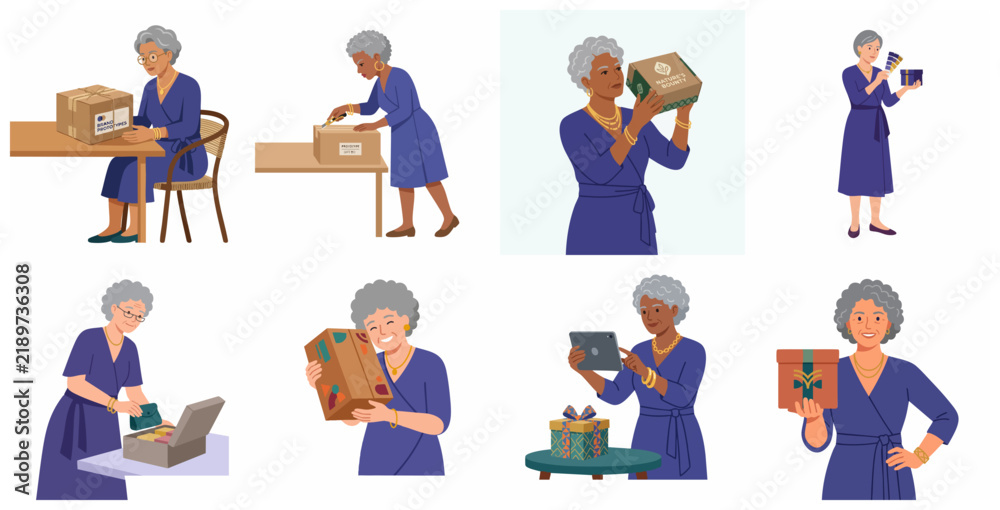 Fototapeta premium Set of Senior Woman Entrepreneur Illustrations, Elderly Lady Managing E-commerce Business, Unboxing Packages, Packing Orders, and Online Shopping Concept