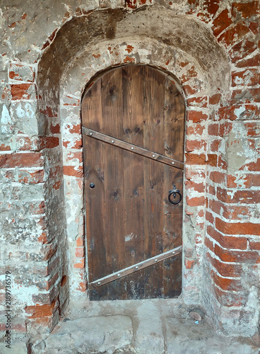 Weathered wooden arched door set in an aged brick wall