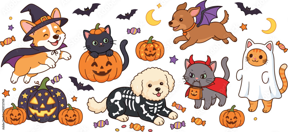 Obraz premium Cute Halloween Pets Sticker Set with Cartoon Cats and Dogs in Costumes, Spooky Jack-o-Lantern Pumpkins, and Festive Candies for Holiday Designs
