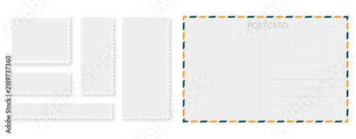 Blank postcard back and white postage stamp template collection with perforated edges and airmail border isolated on white background.