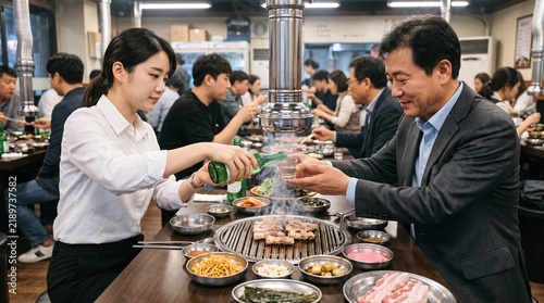 Young office worker pouring soju for a senior colleague during a traditional Korean team dinner in a barbecue restaurant.
