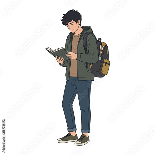 Young Male Student Wearing a Casual Hoodie and Backpack Reading an Open Book while Standing Isolated on a Plain White Background