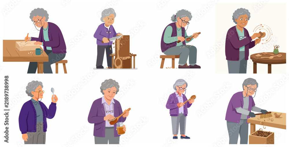 Fototapeta premium Senior woman woodcarver character set crafting handcrafted wooden spoons in various stages of woodworking process