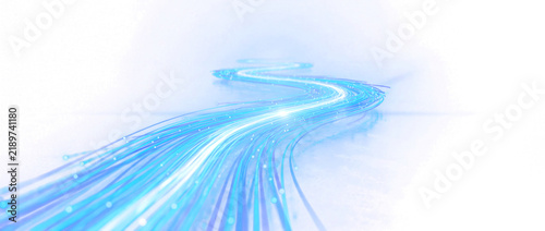 Fiber optic light streams winding through cyberspace in glowing blue and cyan tones, featuring luminous particle trails for high-speed telecommunications, internet, and cloud network concepts