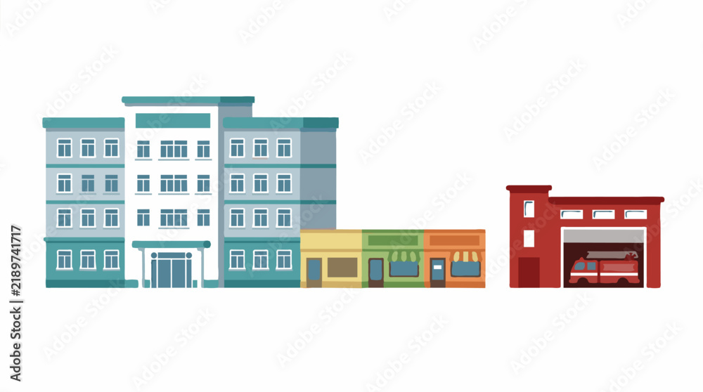Fototapeta premium Multi-story hospital building, shops, and fire station with truck, flat design vector illustration