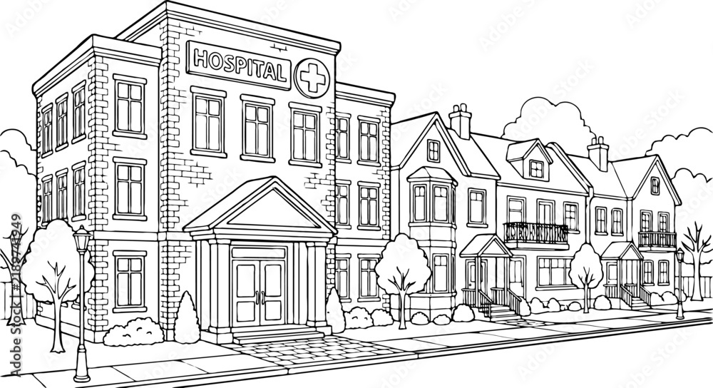 Obraz premium Classic hospital building with a prominent sign and cross symbol, adjacent residential homes, trees, and streetlights, line art illustration