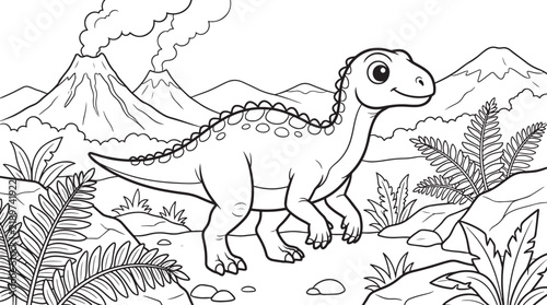 A cute cartoon dinosaur standing in a prehistoric landscape with smoking volcanoes, lush ferns, and rocky terrain, outlined in black and white for a children's coloring also transparent background