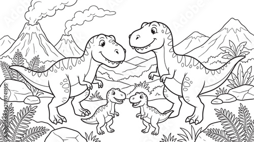A family of cartoon t-rex dinosaurs, two adults and two babies, standing in a prehistoric landscape with smoking volcanoes, outlined in black and white for a children's also transparent background