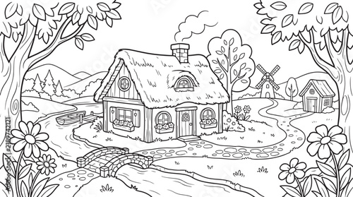 Charming countryside landscape coloring page featuring a cozy cottage with a thatched roof, a stone bridge over a stream, a windmill, a small shed, and blooming flowers in also transparent background