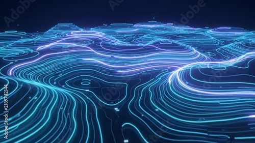 abstract glowing topographic map motion loop with neon blue lines and terrain data visualization