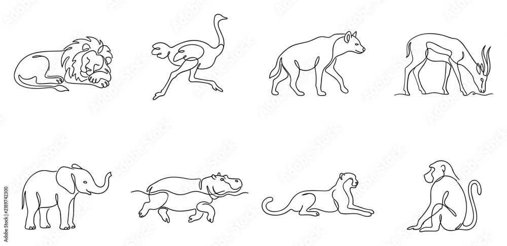 Fototapeta premium A collection of hand-drawn animal sketches depicting a lion ostrich hyena gazelle elephant hippopotamus cheetah and monkey.