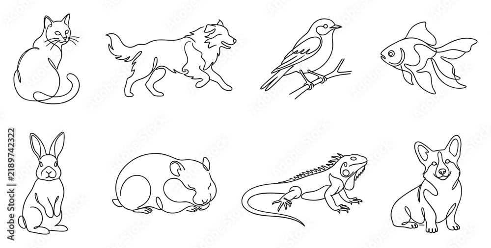 Obraz premium Line art illustrations of various domestic animals and pets collection.