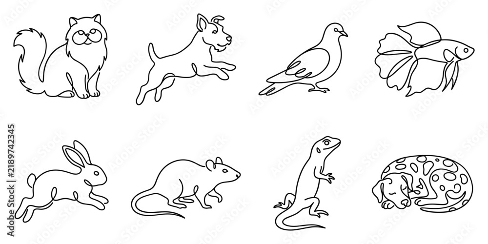 Obraz premium A collection of line art drawings depicting various pets and animals.