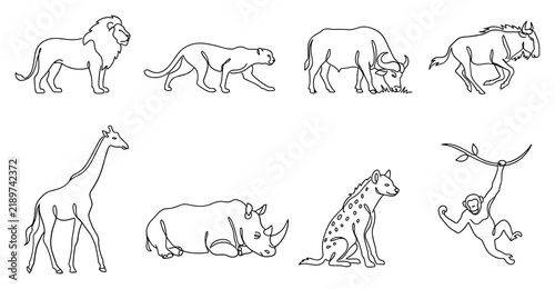 Photography Collection of black and white line drawings featuring various wild African animals and savannah creatures