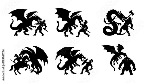 Fantasy Battle Silhouettes: Dragon vs Knight, Warrior, Heroic Combat Scenes
