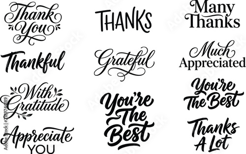 Fully Editable Thank You Typography Lettering Collection, Black and White Vector